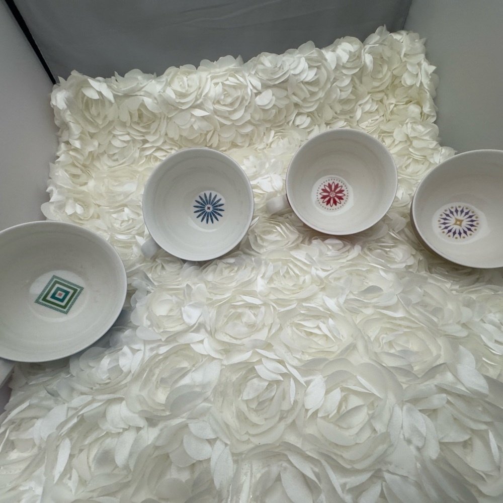 Starbucks 2006 White Ceramic Coffee/Coco Cups with Colorful Designs & Gold Trim